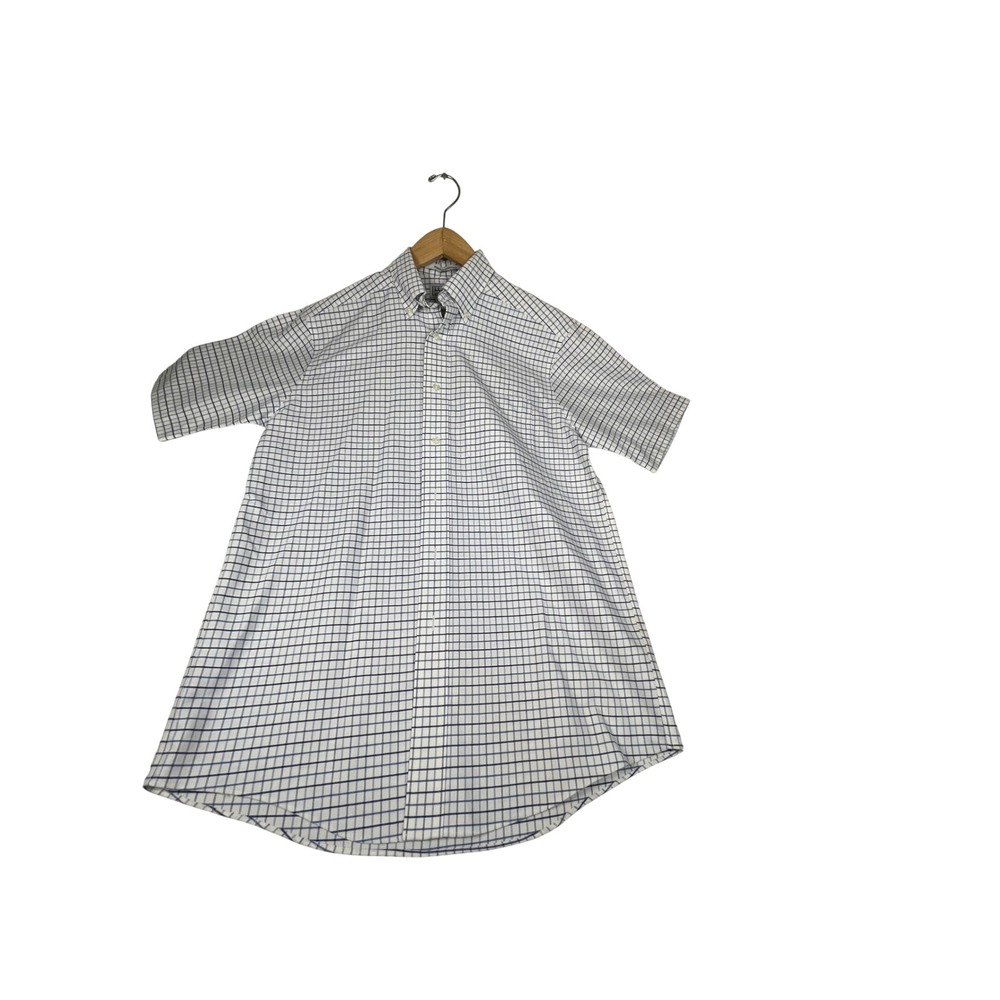 LL Bean Mens 14.5 Regular Wrinkle Resistant Short Sleeve Tattersall Shirt Blue